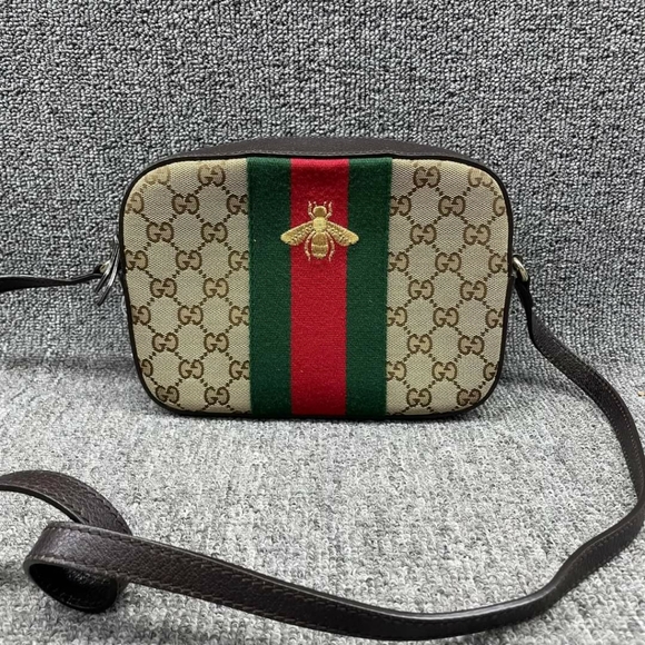 Gucci Handbags - 100% Authentic GUCCI Webby Bee Brown&Red&Green Cloth Shoulder Bag